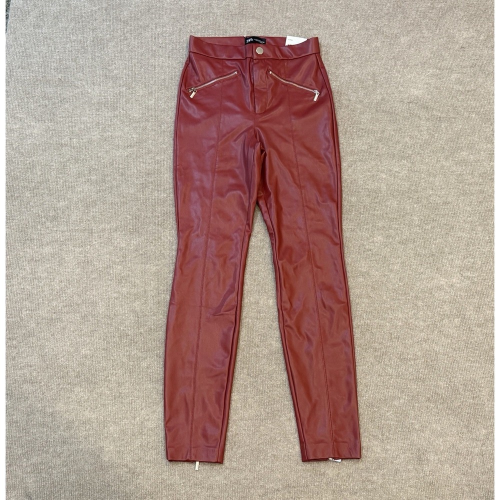 ZARA Burgundy Faux Leather Legging Pants Size XS Pants Pleather Zipper